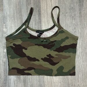 Forever 21 Camo Cropped Tank Top - Olive & Dark Brown